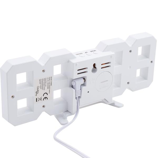 Moderne digitale 3D LED-Tisch- & Wanduhr mit Wecker, 7-Segment-Ziffern, dimmbar, zum Aufstellen oder Aufhängen, 21,5 x 7,3 cm, weiss