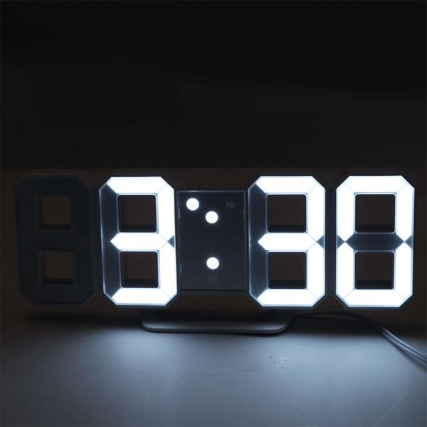 Moderne digitale 3D LED-Tisch- & Wanduhr mit Wecker, 7-Segment-Ziffern, dimmbar, zum Aufstellen oder Aufhängen, 21,5 x 7,3 cm, weiss