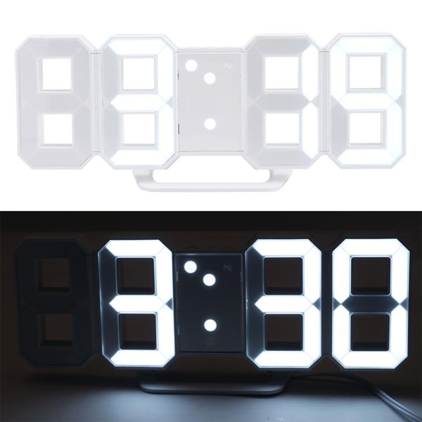 Moderne digitale 3D LED-Tisch- & Wanduhr mit Wecker, 7-Segment-Ziffern, dimmbar, zum Aufstellen oder Aufhängen, 21,5 x 7,3 cm, weiss