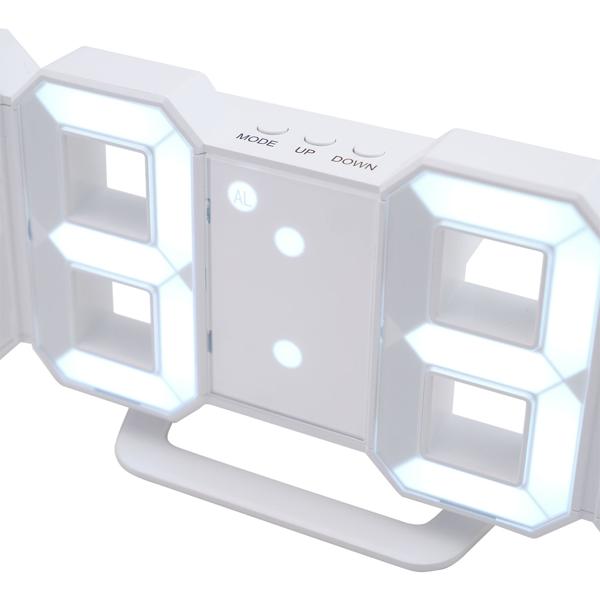 Moderne digitale 3D LED-Tisch- & Wanduhr mit Wecker, 7-Segment-Ziffern, dimmbar, zum Aufstellen oder Aufhängen, 21,5 x 7,3 cm, weiss