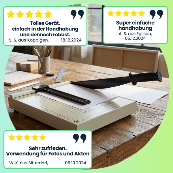 Präzise Papier-Schneidemaschine für DIN A4, Fotos, Visitenkarten. Exakte Schnitte, mühelos. Ideal für Büro & Hobby, sicherer Hebelschneider