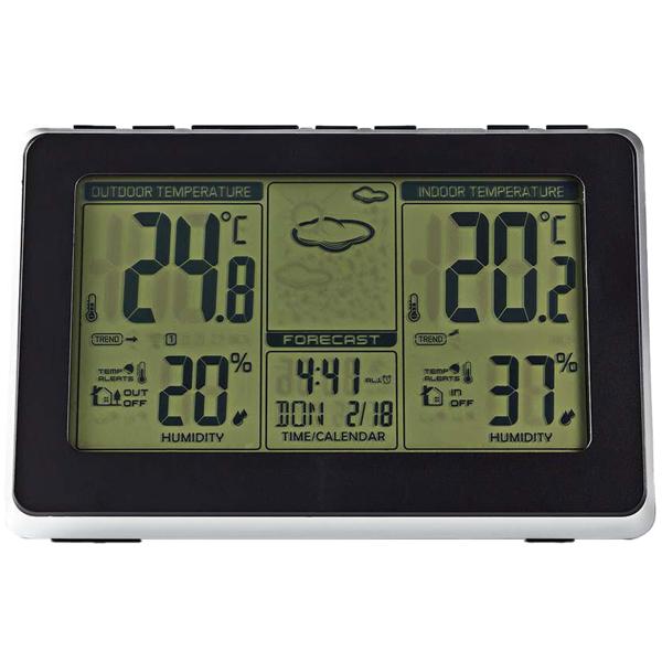 Funk Wetterstation - Innen-/Aussentemperatur/Luftfeuchtigkeit - 433 MHz Aussensensor, Wecker, LCD-Display, schwarz/silber, batteriebetrieben