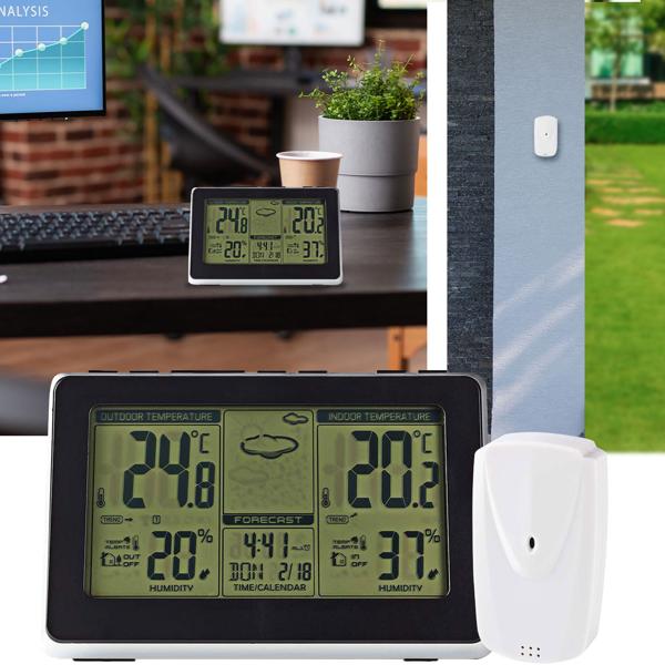 Funk Wetterstation - Innen-/Aussentemperatur/Luftfeuchtigkeit - 433 MHz Aussensensor, Wecker, LCD-Display, schwarz/silber, batteriebetrieben