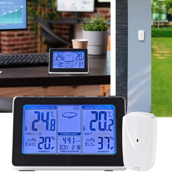Funk Wetterstation - Innen-/Aussentemperatur/Luftfeuchtigkeit - 433 MHz Aussensensor, Wecker, LCD-Display, schwarz/silber, batteriebetrieben