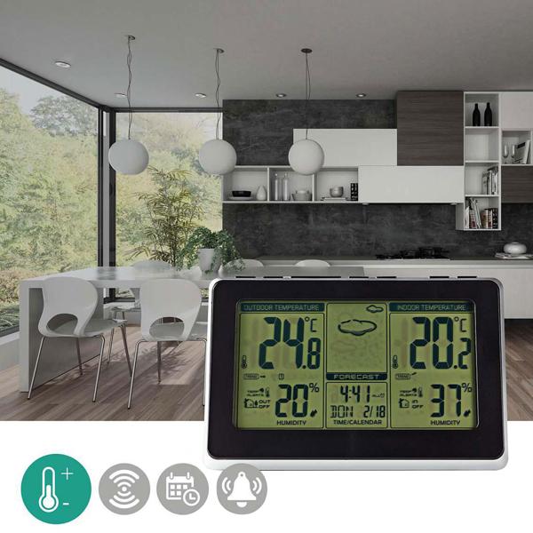 Funk Wetterstation - Innen-/Aussentemperatur/Luftfeuchtigkeit - 433 MHz Aussensensor, Wecker, LCD-Display, schwarz/silber, batteriebetrieben