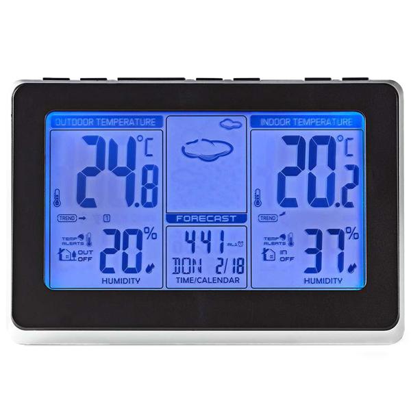 Funk Wetterstation - Innen-/Aussentemperatur/Luftfeuchtigkeit - 433 MHz Aussensensor, Wecker, LCD-Display, schwarz/silber, batteriebetrieben