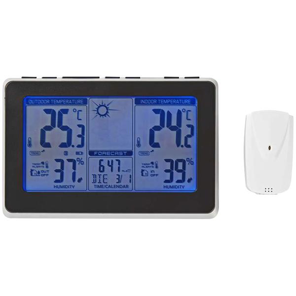 Funk Wetterstation - Innen-/Aussentemperatur/Luftfeuchtigkeit - 433 MHz Aussensensor, Wecker, LCD-Display, schwarz/silber, batteriebetrieben