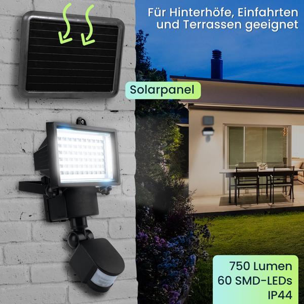 Solar LED Wand Fluter für aussen, PIR-Sensor 180° , 12 W, besonders helle 750 Lumen, IP44, völlig autark dank Solarpanel, angenehmes weisses Licht
