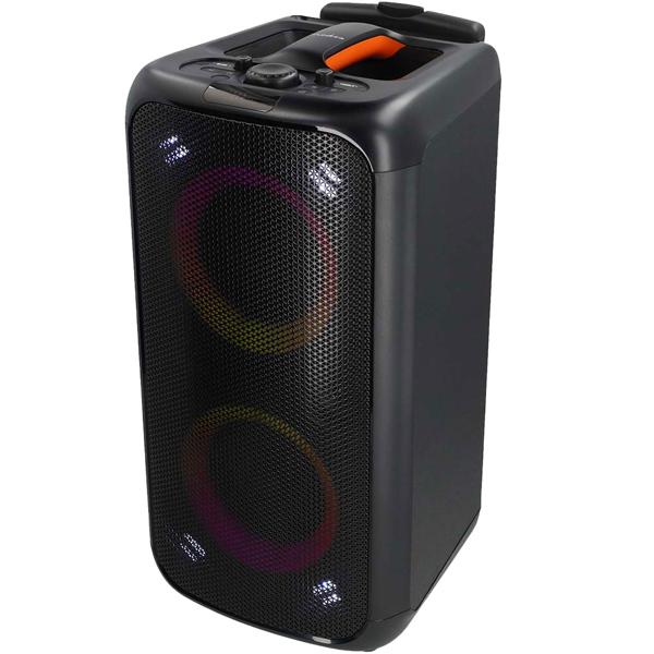 Hochwertiger grosser Bluetooth Lautsprecher mit Beleuchtung, Subwoofer und Mikrofon-/Gitarreneingang, Karaoke Box, Kabelloser Trolley-Lautsprecher, AUX, USB