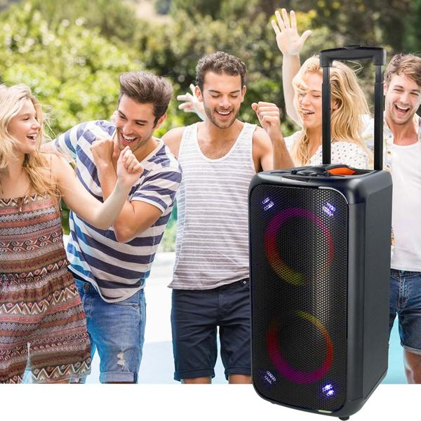Hochwertiger grosser Bluetooth Lautsprecher mit Beleuchtung, Subwoofer und Mikrofon-/Gitarreneingang, Karaoke Box, Kabelloser Trolley-Lautsprecher, AUX, USB