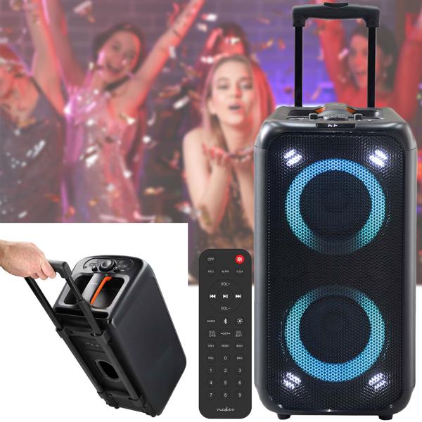Hochwertiger grosser Bluetooth Lautsprecher mit Beleuchtung, Subwoofer und Mikrofon-/Gitarreneingang, Karaoke Box, Kabelloser Trolley-Lautsprecher, AUX, USB