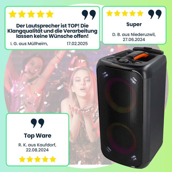 Hochwertiger grosser Bluetooth Lautsprecher mit Beleuchtung, Subwoofer und Mikrofon-/Gitarreneingang, Karaoke Box, Kabelloser Trolley-Lautsprecher, AUX, USB