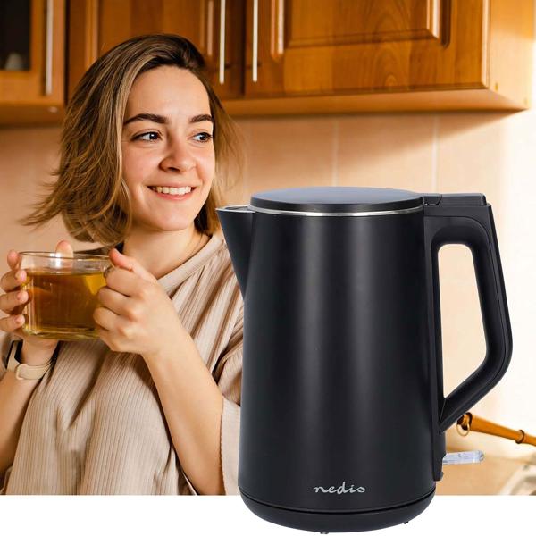 Eleganter, doppelwandiger Wasserkocher in Schwarz, 1,5L – Robust, pflegeleicht & energiesparend – Stilvolles Küchenhighlight