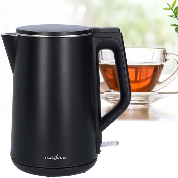 Eleganter, doppelwandiger Wasserkocher in Schwarz, 1,5L – Robust, pflegeleicht & energiesparend – Stilvolles Küchenhighlight