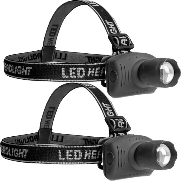 2er-Set Stirnlampe - Flexibles Kopfband, Zoom, 3 Modi, 60 Lumen LED - IP44 Spritzwasserschutz - Ideal für Outdoor, Wandern, Joggen