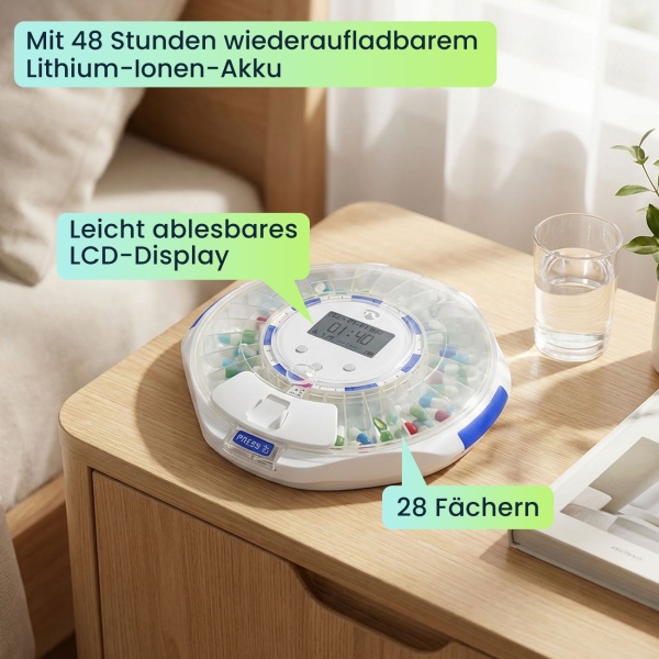 SmartLife Medikamentendose, WLAN, App Steuerung/Überwachung, 28 Fächer, LCD-Display - Nie mehr Pillen vergessen - Top-Sicherheit + Kontrolle