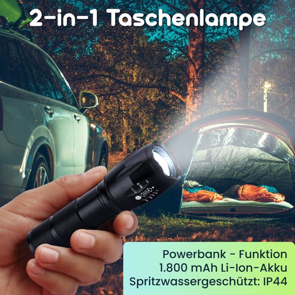 Besonders helle 2in1 LED-Taschenlampe (260 lm) plus Powerbank zum Laden von Smartphones, 1800mAh Li-Ion-Akku, IP44, wiederaufladbar, 3 Leuchtmodi