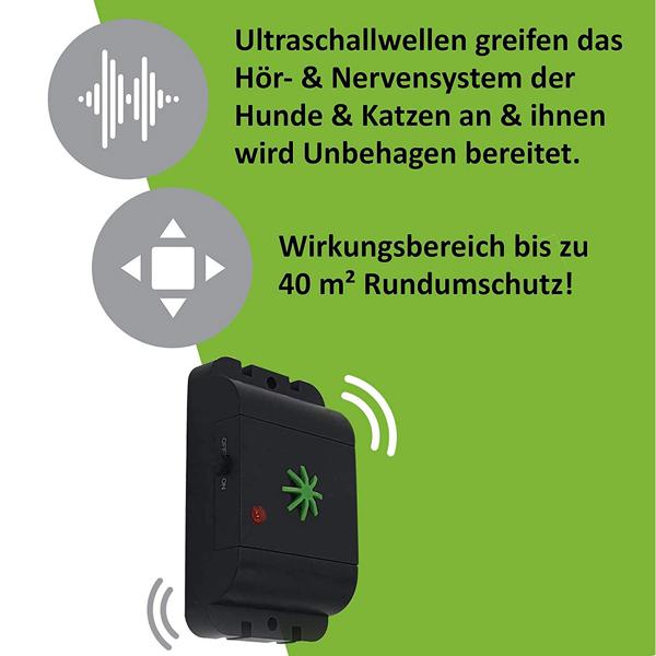 Effektiver Hunde- & Katzenvertreiber mit Ultraschall & Tönen – Frequenz 16-60 kHz, schützt bis zu 40 m², tierfreundlich, wetterfest & einfach