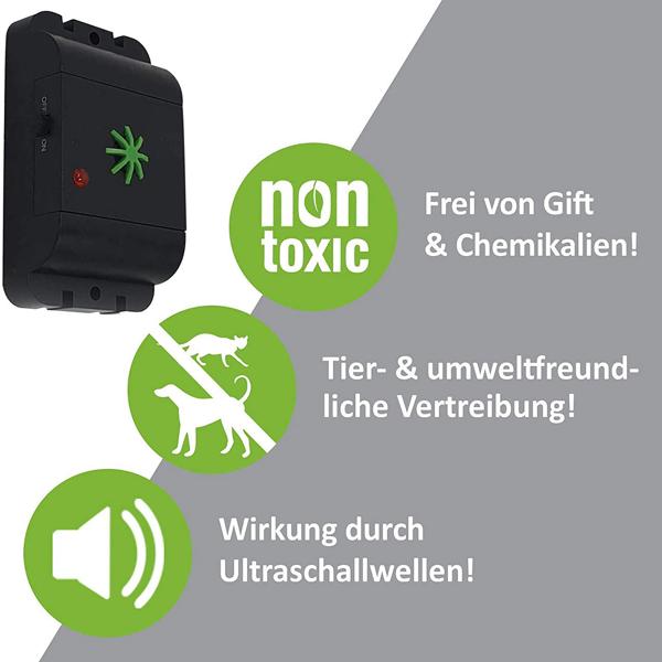 Effektiver Hunde- & Katzenvertreiber mit Ultraschall & Tönen – Frequenz 16-60 kHz, schützt bis zu 40 m², tierfreundlich, wetterfest & einfach