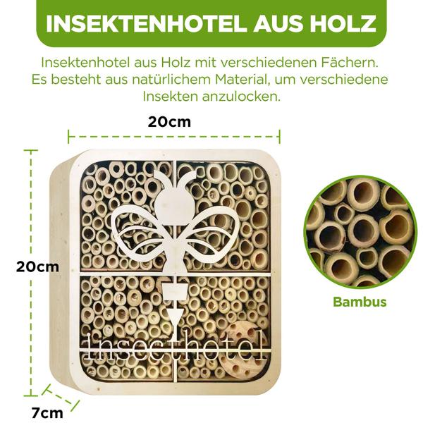 Hochwertiges Insektenhotel ’’Biene’’, kinderfreundlich, Naturholz, 20 x 20 x 7 cm, betet Wildbienen, Hummeln & Co. ein sicheres Zuhause
