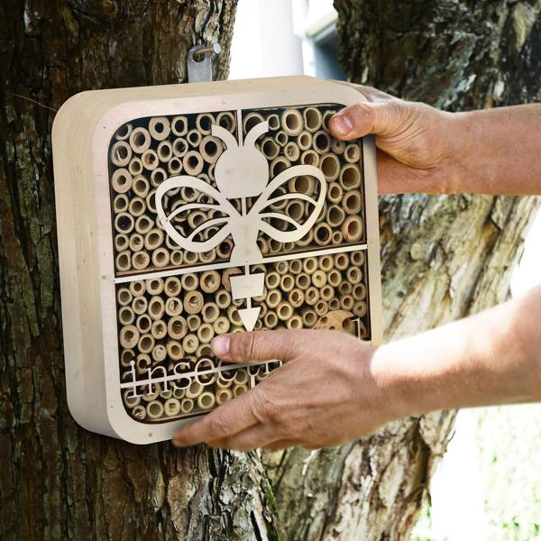 Hochwertiges Insektenhotel ’’Biene’’, kinderfreundlich, Naturholz, 20 x 20 x 7 cm, betet Wildbienen, Hummeln & Co. ein sicheres Zuhause