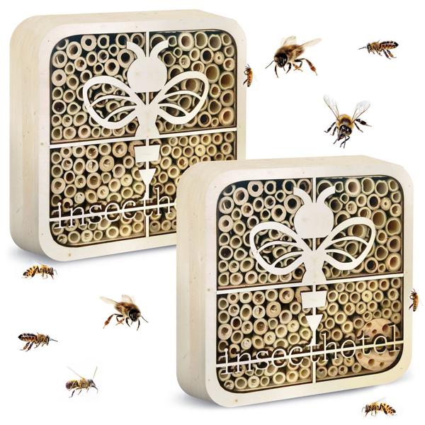 2er-Set Hochwertiges Insektenhotel ’’Biene’’, kinderfreundlich, Naturholz, 20 x 20 x 7 cm, betet Wildbienen, Hummeln & Co. ein sicheres Zuhause