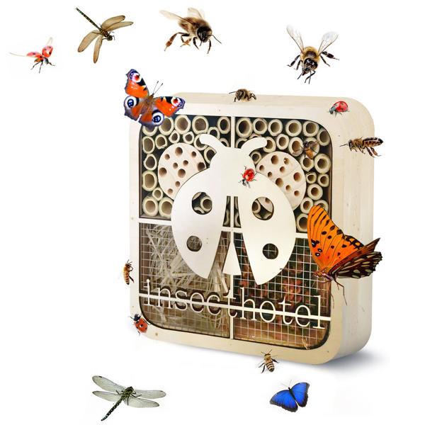 Einzigartiges Marienkäfer-Insektenhotel, Naturholz, 20x20x7cm – kinderfreundliches & originelles Design, liebevolles Zuhause für Nützlinge