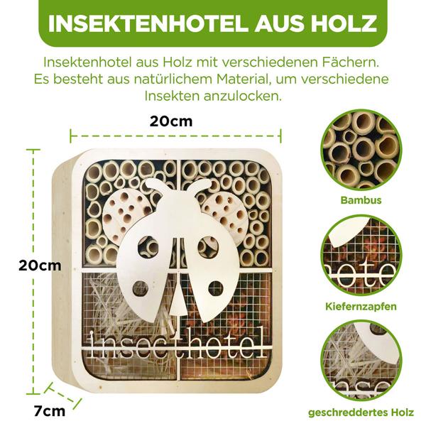 Einzigartiges Marienkäfer-Insektenhotel, Naturholz, 20x20x7cm – kinderfreundliches & originelles Design, liebevolles Zuhause für Nützlinge
