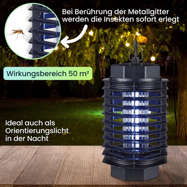 Effiziente Insektenlampe, elektrische Fliegenfalle mit UV-Licht, bis 50m². Insektenvernichter für die Steckdose, saubere und sichere Insektenbeseitigung