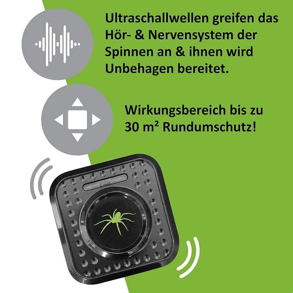 Spinnenabwehr mit Ultraschall-Signal - Insektenfrei umweltfreundlich, Wechselfrequenz, ohne Gewöhnungseffekt bei den Spinnen