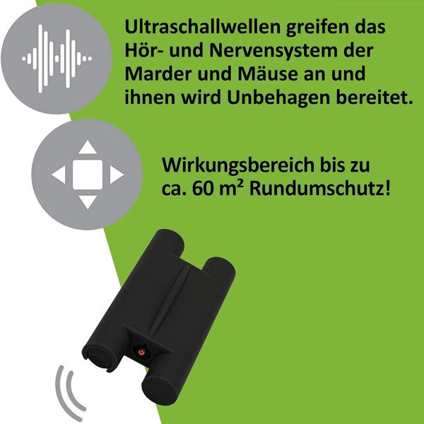Mardervertreiber - Ultraschall mit Intervall - Mäuse- und Rattenabwehr - Für Haus, Auto, Garage, Dachboden - 60m² Wirkungsbereich - effektiv