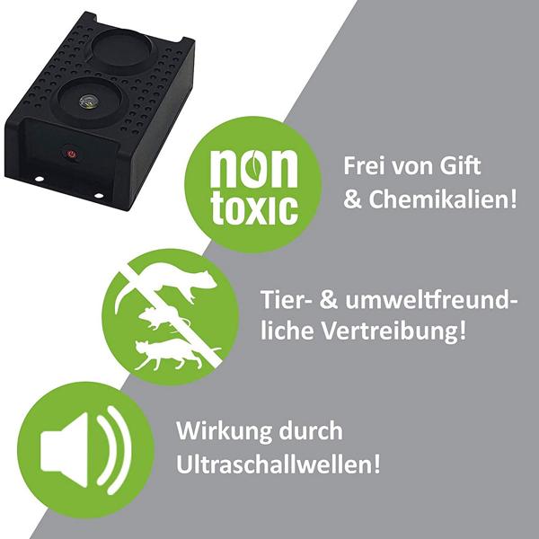 LED Mardervertreiber - Ratten- & Mäusefrei mit Blitzlichtfunktion - Ultraschall 12-24 kHz Wechselfrequenz - Schutz für Auto, Haus & Garage bis 60m²
