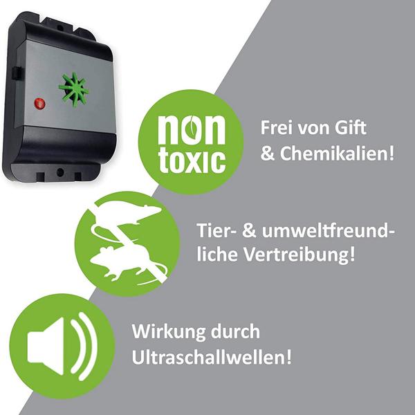 Effektiver Ultraschall Mäuse- und Rattenvertreiber, IP54 Schutz, Batteriebetrieb bis zu 12 Monate, bis zu 40m², mobil einsetzbar