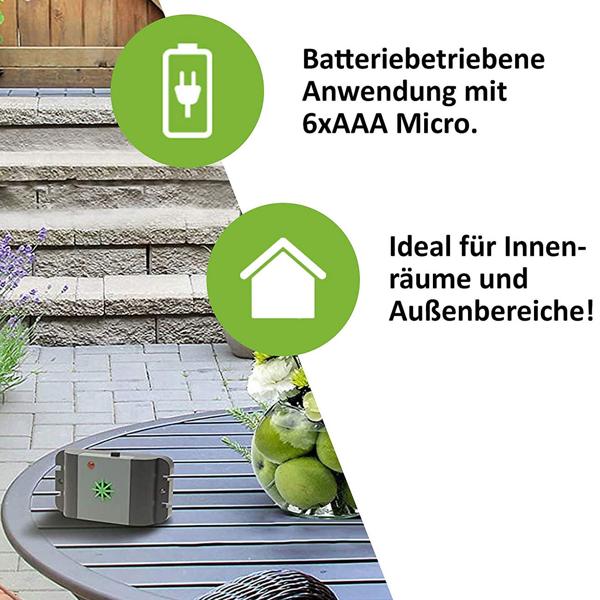 Effektiver Ultraschall Mäuse- und Rattenvertreiber, IP54 Schutz, Batteriebetrieb bis zu 12 Monate, bis zu 40m², mobil einsetzbar