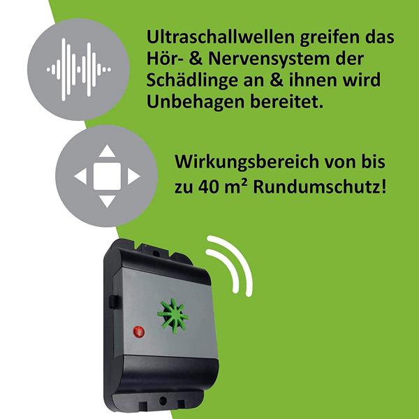 Effektiver Ultraschall Mäuse- und Rattenvertreiber, IP54 Schutz, Batteriebetrieb bis zu 12 Monate, bis zu 40m², mobil einsetzbar
