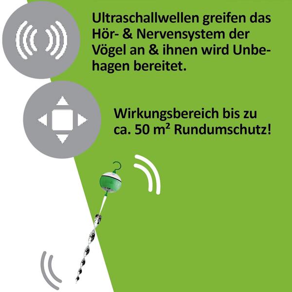 2er-Set Ultraschall-Vogelvertreiber (je 50m²): Effektiver Vogelschreck zum Aufhängen für zuverlässige Vogelabwehr im Aussenbereich
