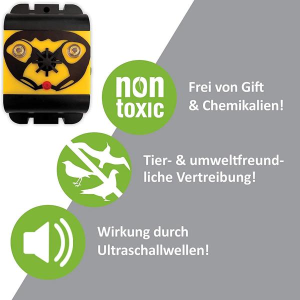 Mobiler Ultraschall-Vogelvertreiber, 40m², Vogelschreck, originelles Design, gelb-schwarz, inkl. Batterien, effektive Vogelabwehr