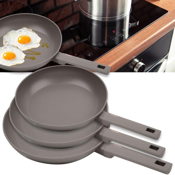 Hochwertiges Bratpfannen-Set (3-teilig), Ø 20/24/28cm, Aluminium, taupe – Antihaft, Soft-Touch-Griffe, elegantes Design für alle Heradarten