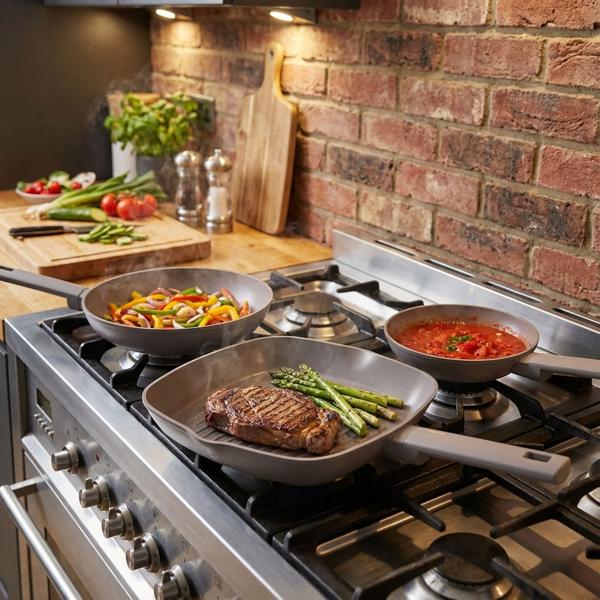 3-teiliges Design Pfannenset (Taupe) - Bratpfannen 20+24cm, Grillpfanne 28cm - Geschmiedetes Alu, Titan, Soft-Touch - Hochwertig & Robust