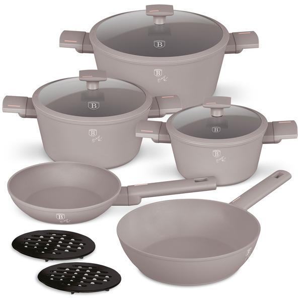 Design Kochset inkl. Untersetzer, Aluminium, 10-teilig, Titan Antihaftbeschichtung, taupe, für alle Herdarten geeignet