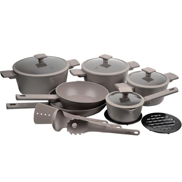 Hochwertiges Design Kochset m. Titanbeschichtung inkl. Kochbesteck, Untersetzer, Glasdeckel, Soft Touch Griffe, 15-teilig, taupe