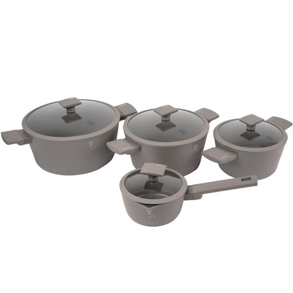 Hochwertiges Design Kochset m. Titanbeschichtung inkl. Kochbesteck, Untersetzer, Glasdeckel, Soft Touch Griffe, 15-teilig, taupe