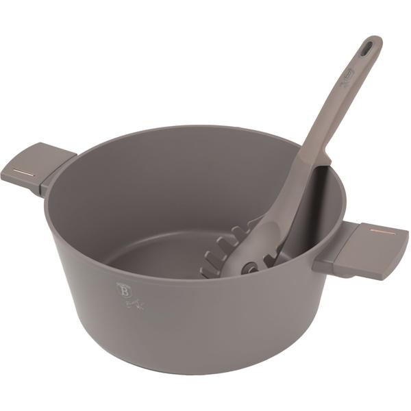 Hochwertiges Design Kochset m. Titanbeschichtung inkl. Kochbesteck, Untersetzer, Glasdeckel, Soft Touch Griffe, 15-teilig, taupe