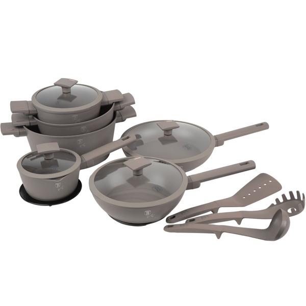 Hochwertiges Design Kochset m. Titanbeschichtung inkl. Kochbesteck, Untersetzer, Glasdeckel, Soft Touch Griffe, 15-teilig, taupe