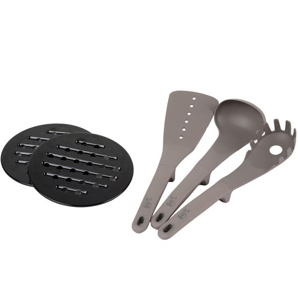 Hochwertiges Design Kochset m. Titanbeschichtung inkl. Kochbesteck, Untersetzer, Glasdeckel, Soft Touch Griffe, 15-teilig, taupe