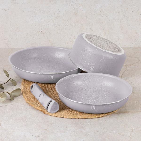 Hochwertiges Aluminium Pfannen-Set, 9-teilig, Taupe, Titanbeschichtung – Abnehmbarer Griff, Smart Lids & Glasdeckel, elegantes Design