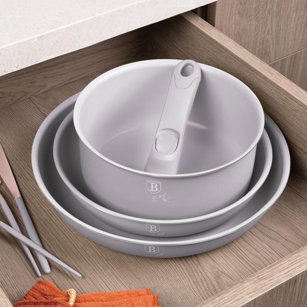 Hochwertiges Aluminium Pfannen-Set, 9-teilig, Taupe, Titanbeschichtung – Abnehmbarer Griff, Smart Lids & Glasdeckel, elegantes Design