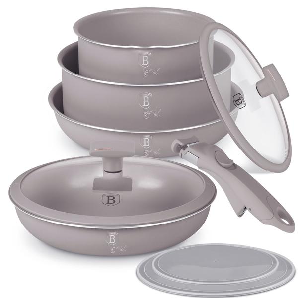 Hochwertiges Aluminium Pfannen-Set, 9-teilig, Taupe, Titanbeschichtung – Abnehmbarer Griff, Smart Lids & Glasdeckel, elegantes Design