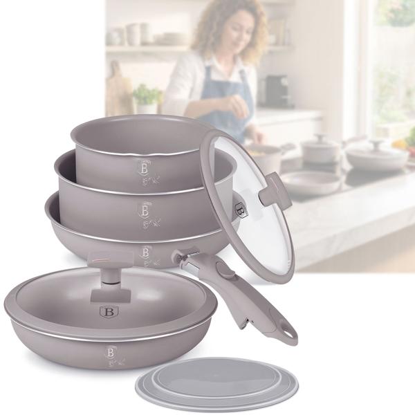 Hochwertiges Aluminium Pfannen-Set, 9-teilig, Taupe, Titanbeschichtung – Abnehmbarer Griff, Smart Lids & Glasdeckel, elegantes Design