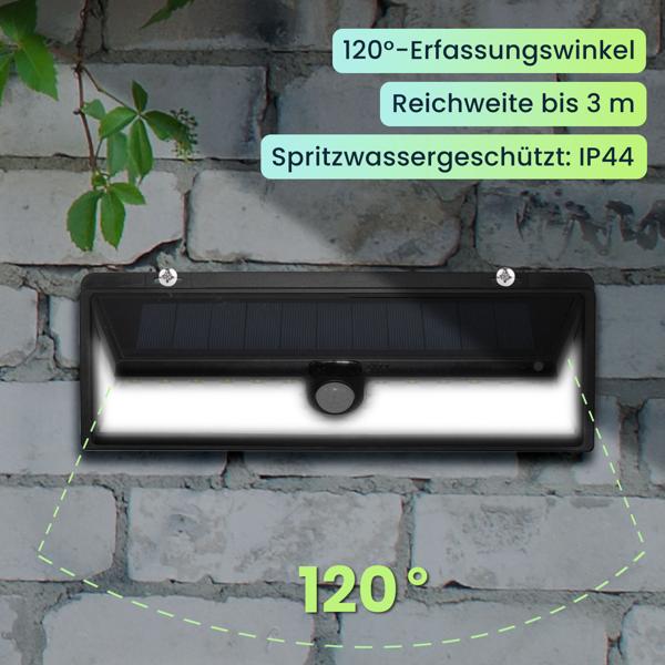 Moderne Wandleuchte, mit Solarpanel, PIR Bewegungs-Sensor, 66 helle LEDs, 800 Lumen, 13,2 Watt, IP44, inkl. Montagematerial